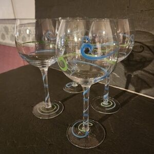 Set of 4 Wine Glasses Blue/Green Swirls